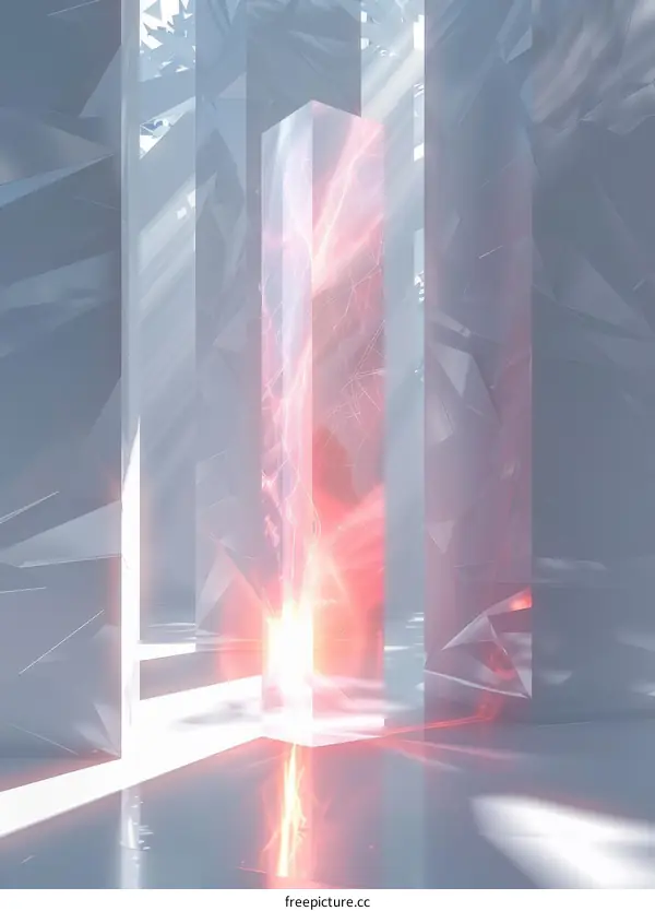 Mystical glowing crystal pillar of light in a surreal dreamscape