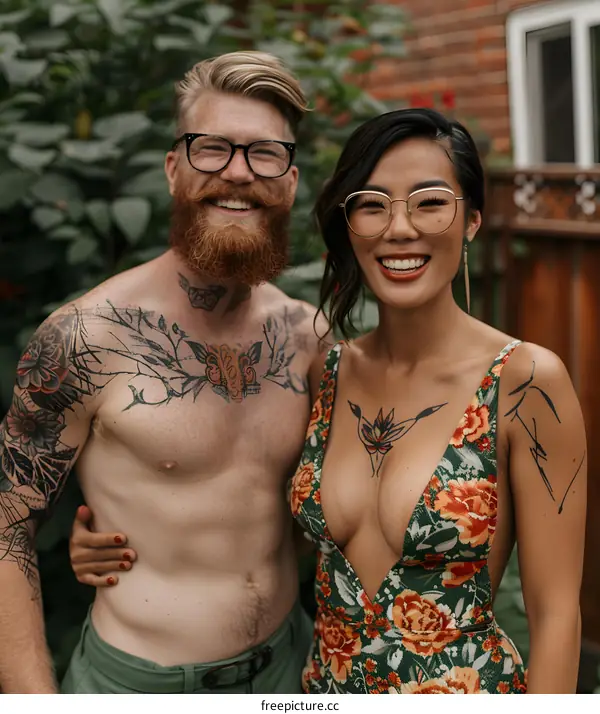 Happy Couple With Tattoos Posing Outdoors