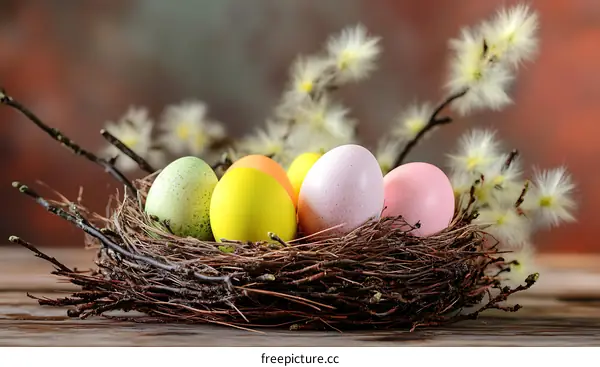 Colorful Easter Eggs in a Nest Decorated with Spring Branches