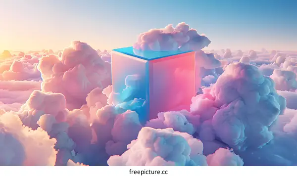 Abstract Pastel Cube Floating in Clouds