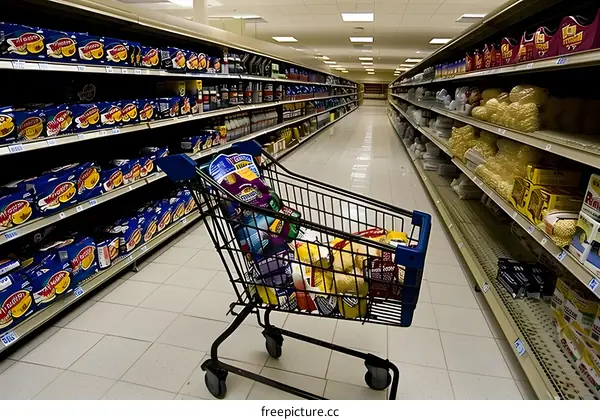 Grocery Store Aisle With Shopping Cart