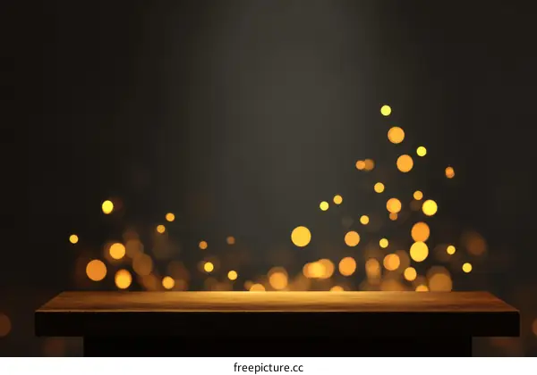 Empty Wooden Table Top with Golden Bokeh Background
