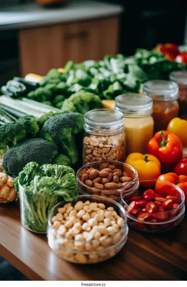 Fresh Vegetables and Nuts Arrangement on Wooden Table