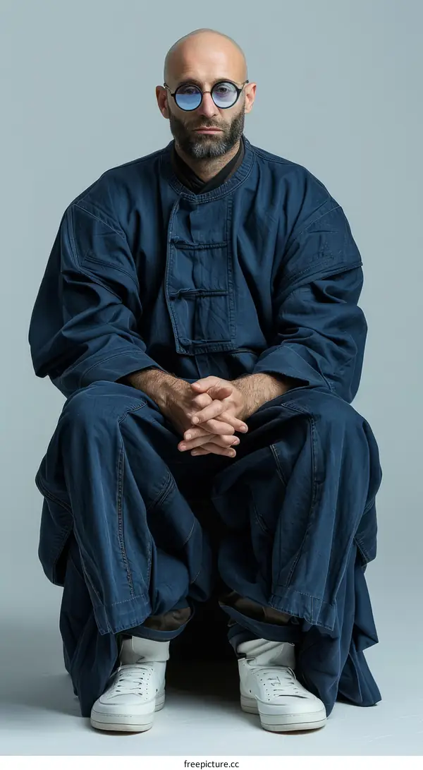 Portrait of a bald man with beard wearing blue traditional chinese clothes and glasses