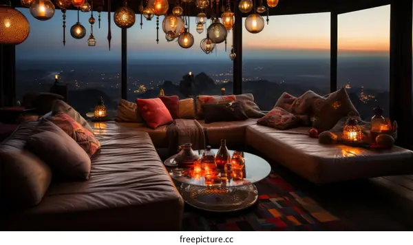 Luxury living room with stunning mountain and city views at sunset
