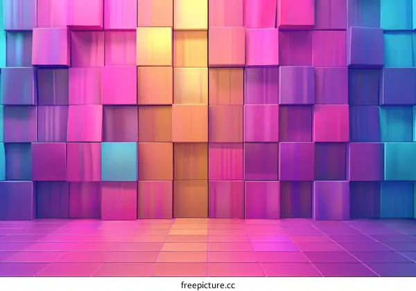 Pink and purple 3D rendering of a room with boxes on the walls and floor
