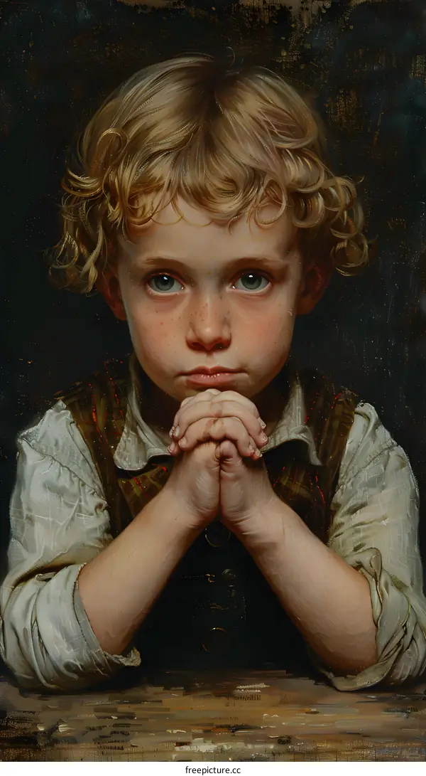 Painting of a Young Boy Praying with Hands Clasped