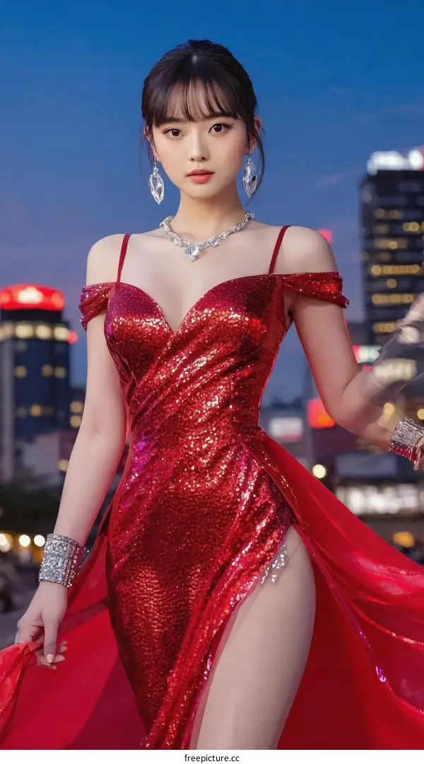 Elegant Woman in a Sparkling Red Dress