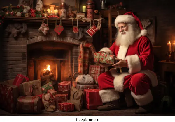 Santa Claus sitting by the fireplace with a gift in his hand