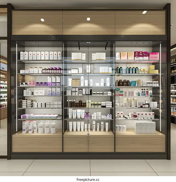 Modern Glass Display Case Filled With Products
