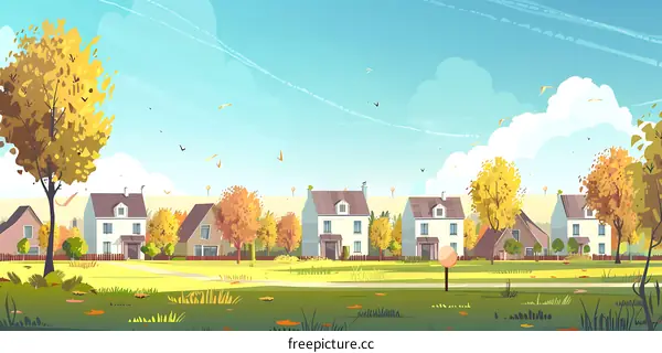 Autumn Landscape with Small Houses and Trees