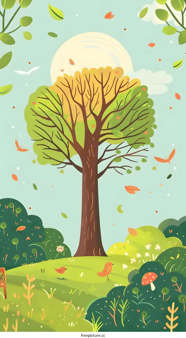 Four Seasons Tree with Birds and Flowers Illustration