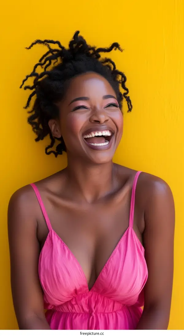 portrait of a young woman with pink dress smiling happily