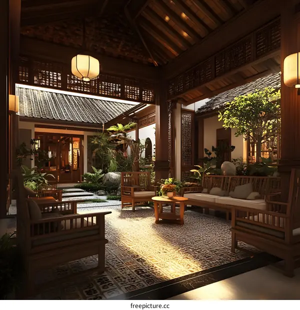Traditional Chinese Style Courtyard Interior Design With Wooden Furniture And Lanterns