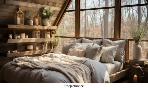 A cozy bedroom with a view of the forest