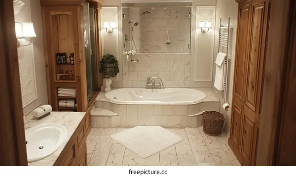 Luxury Wooden Bathroom with Marble Tiles