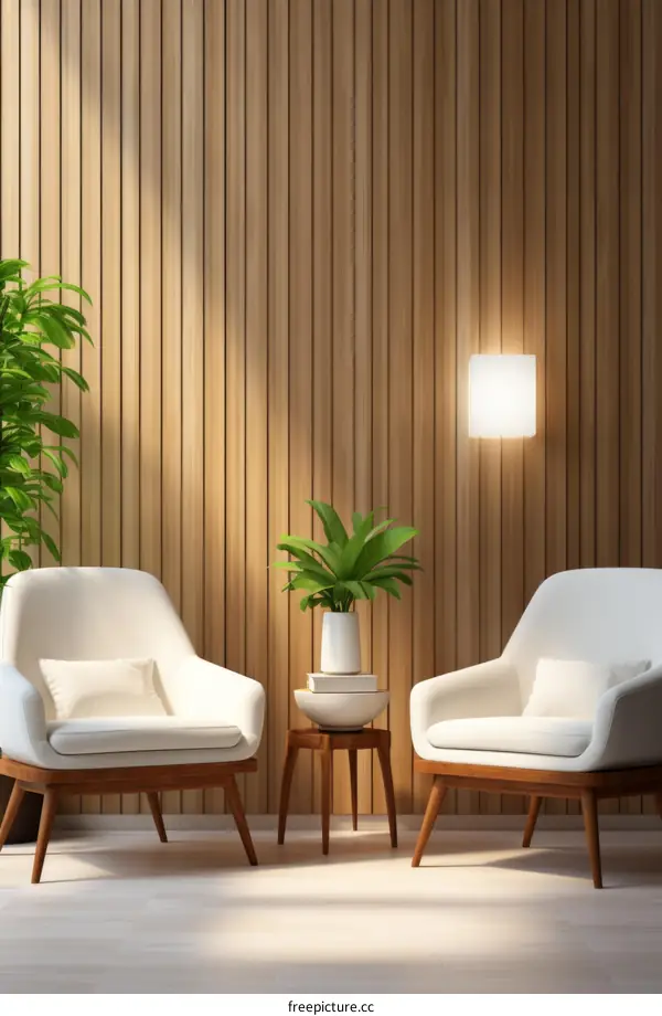 Minimalist armchairs in a room with wooden walls and a plant
