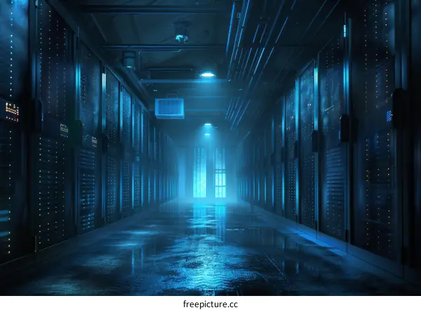 Blue neon lights illuminating a dark room with a wet floor and server racks on both sides