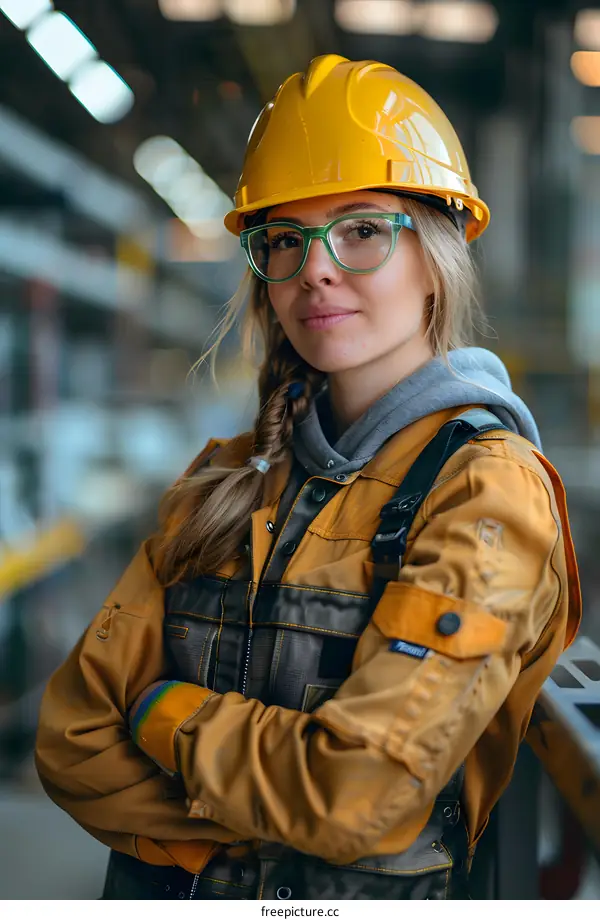 portrait of a female industrial worker wearing a hard hat and safety glasses