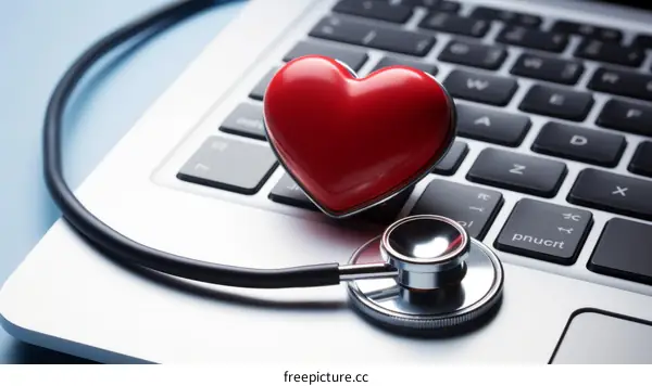 Laptop with a red heart and stethoscope on the keyboard