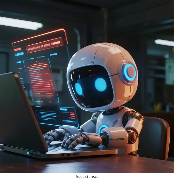 Small Robot with Blue Eyes Working on Laptop in Tech Lab