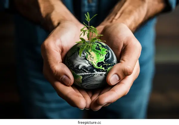 A person holding a small globe with a plant growing out of it