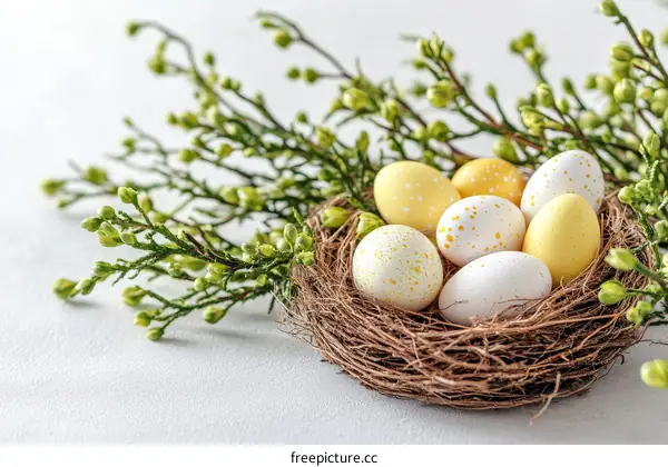 Easter Eggs in a Nest with Spring Branches