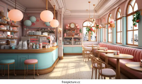 pink and blue pastel color scheme cafe interior