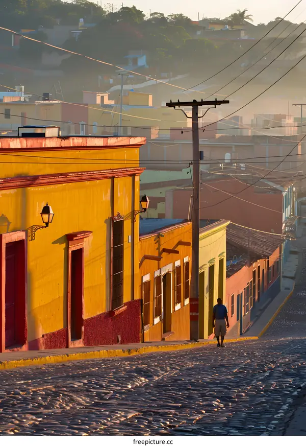 Cobblestone Street in a Colorful Mexican Town