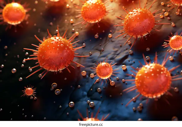 Red virus cells floating in a blue background