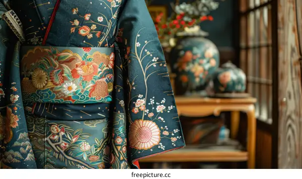 A kimono with a floral pattern and a vase with flowers in the background
