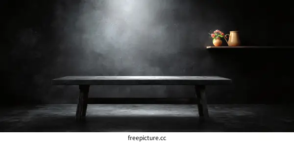 Dark Empty Room with Wooden Table and Shelf