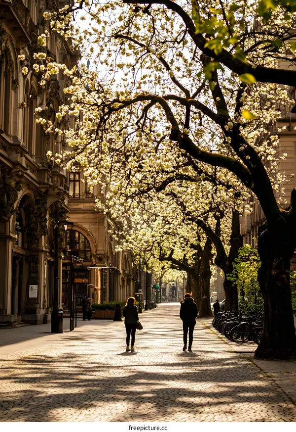 Two People Walking on a Cobblestone Street Lined with Blossoming Trees