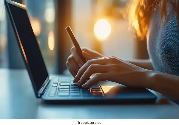 Woman Working on Laptop and Phone