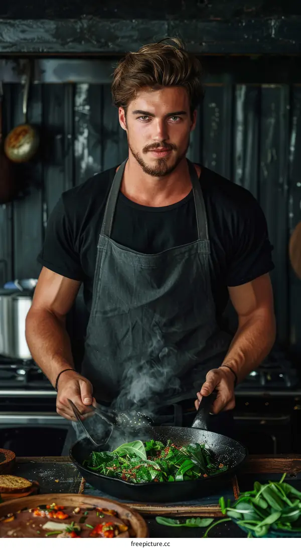 Young male chef cooking in a kitchen
