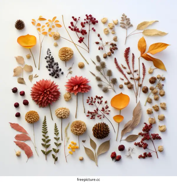 A beautiful arrangement of dried autumn leaves, flowers, and pine cones