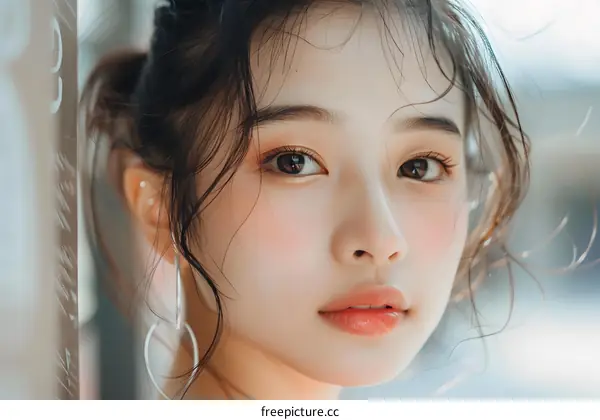 Beautiful Asian Woman with Long Brown Hair Looking to the Side