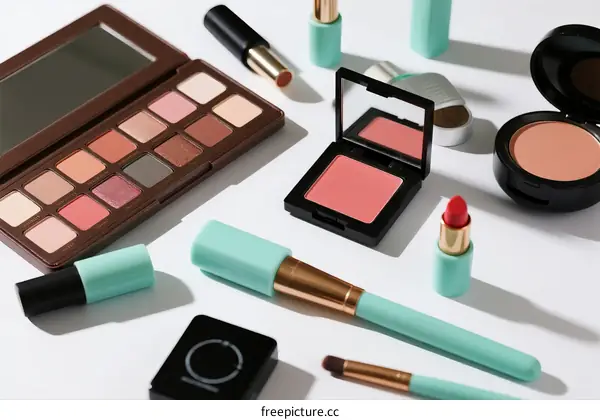 Assorted makeup products including palettes, blushes, and brushes