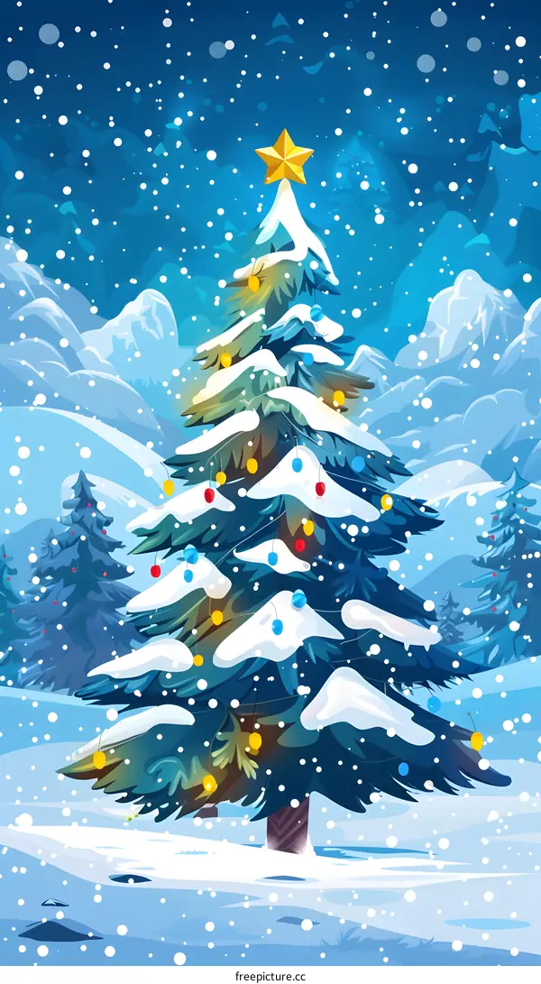 Snowy Christmas Tree Landscape Illustration
