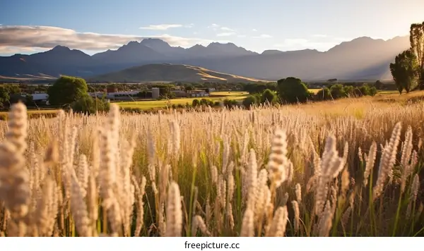 Field of golden wheat with mountains in the distance