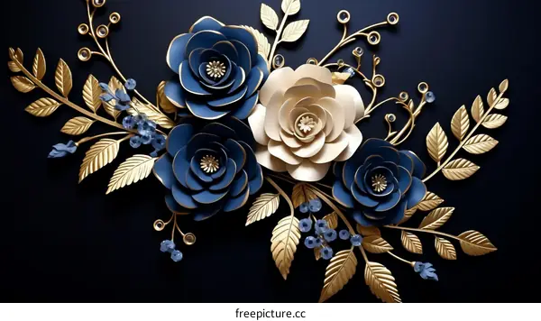 Blue and gold 3D flowers