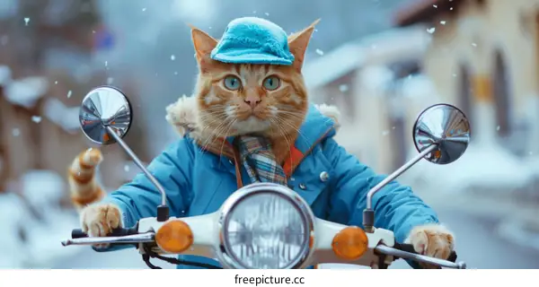 Funny Cat Riding a Scooter in Winter