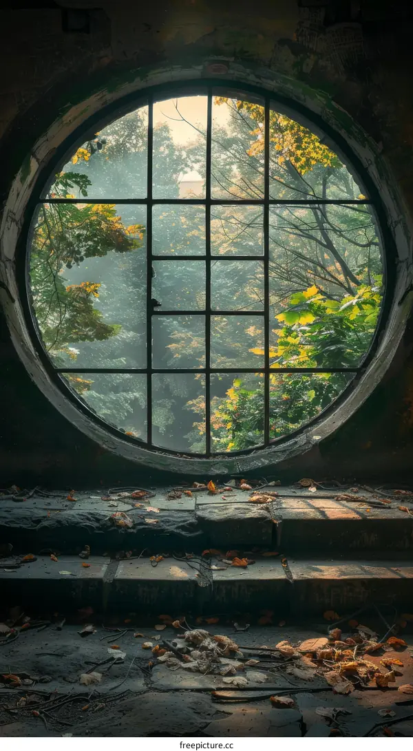 A round window in an old building overlooking a forest
