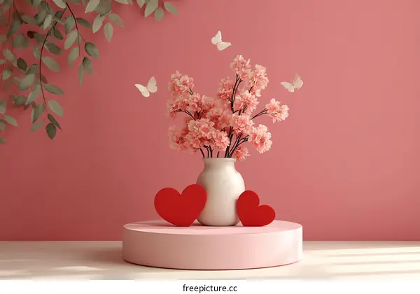 Romantic Pink Floral Arrangement with Hearts