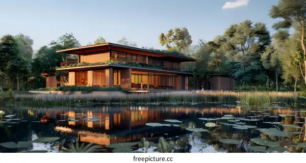 Modern Wooden House With Green Roof Overlooking A Pond