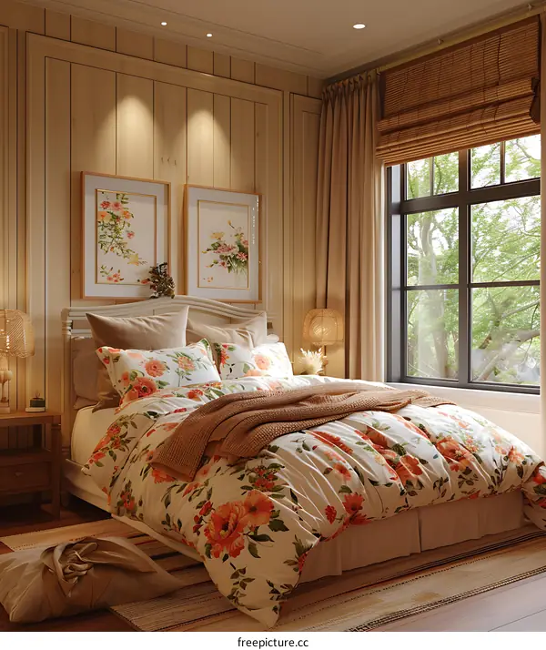 A cozy bedroom with wooden elements and floral prints