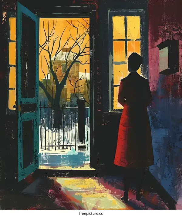 A woman standing in a doorway looking out at a snowy city street