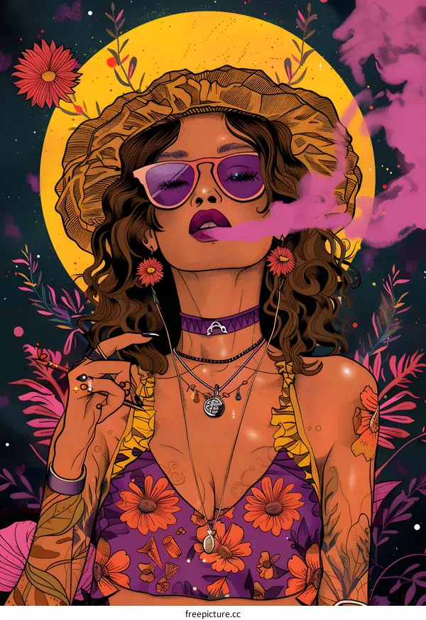 Woman with Flowers and a Hat Illustration