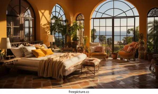 Elegant Mediterranean style bedroom with large windows overlooking the ocean