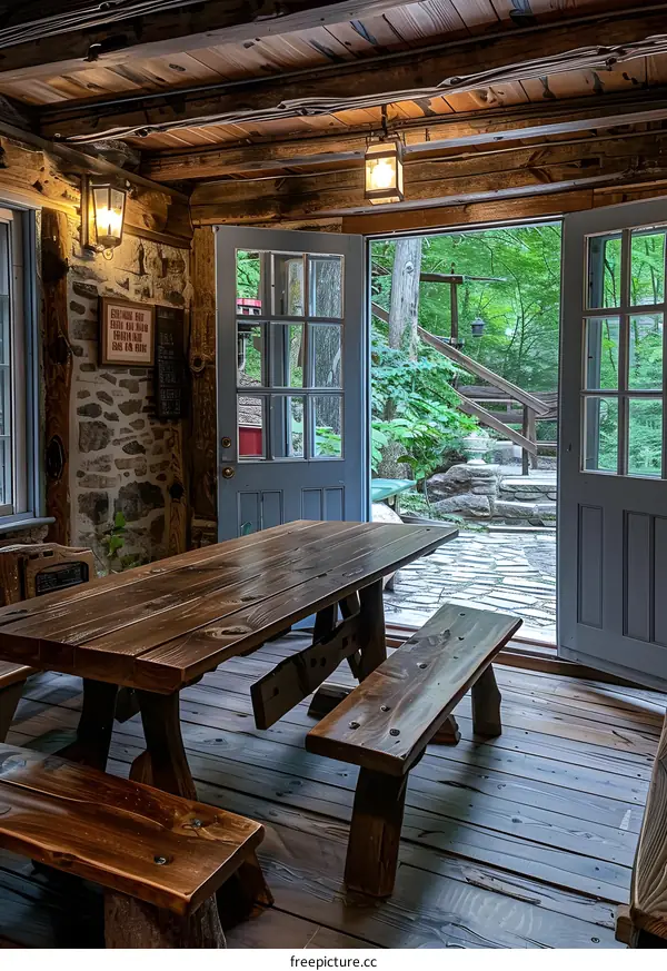Rustic wooden table and benches in a cabin with stone walls and an open door to the outside